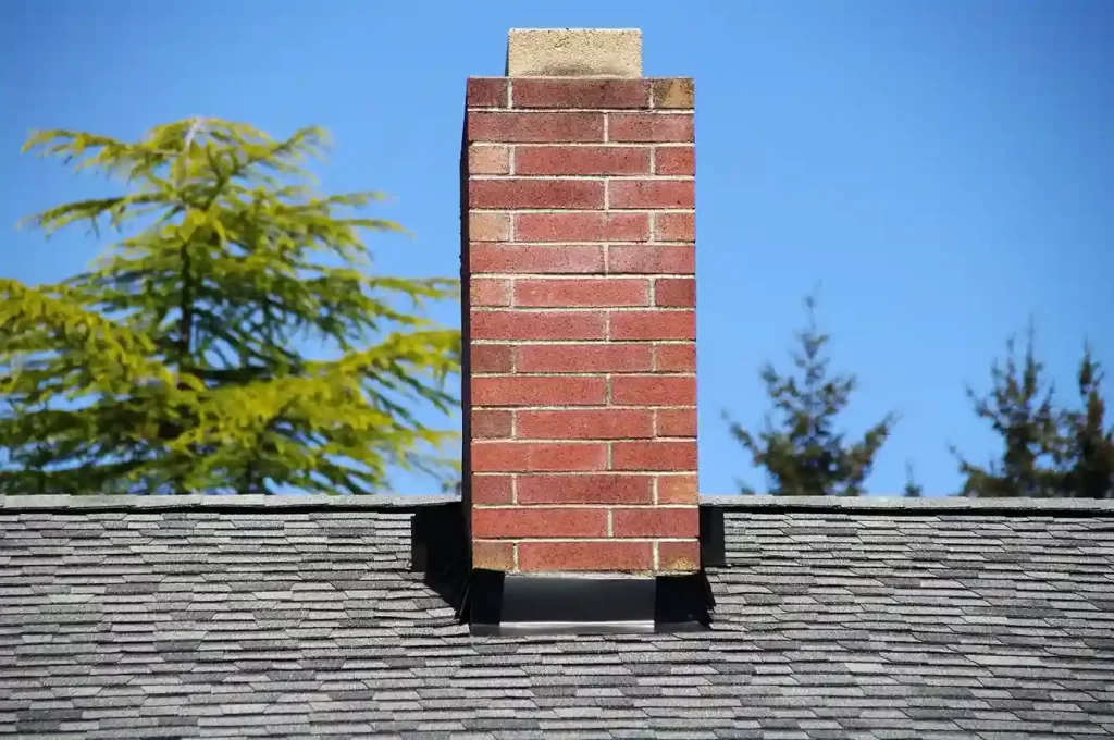 Brick chimney on a sloped roof with clear blue sky in the background.