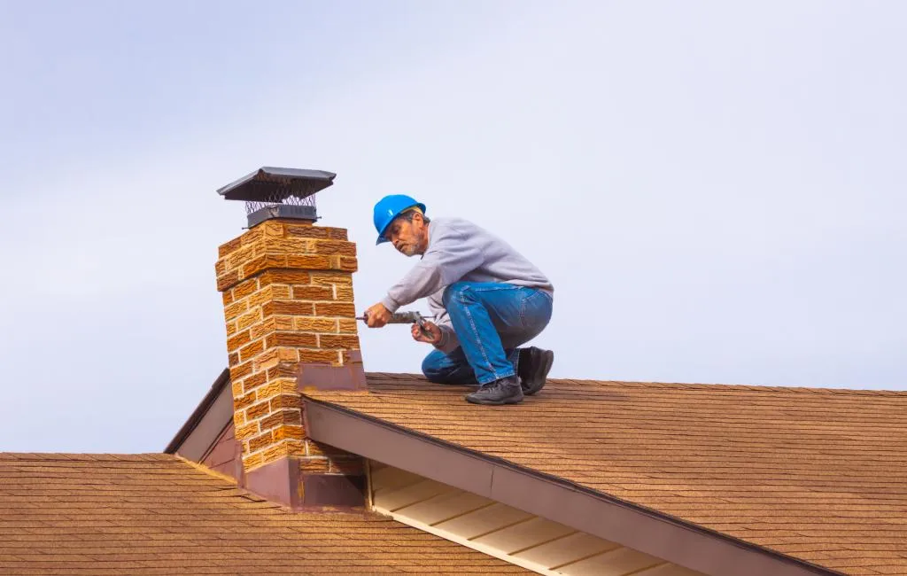 Worker on a roof inspecting and repairing a chimney.