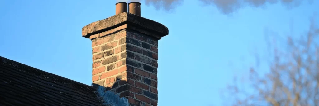 A brick chimney with two pipes at the top, emitting smoke