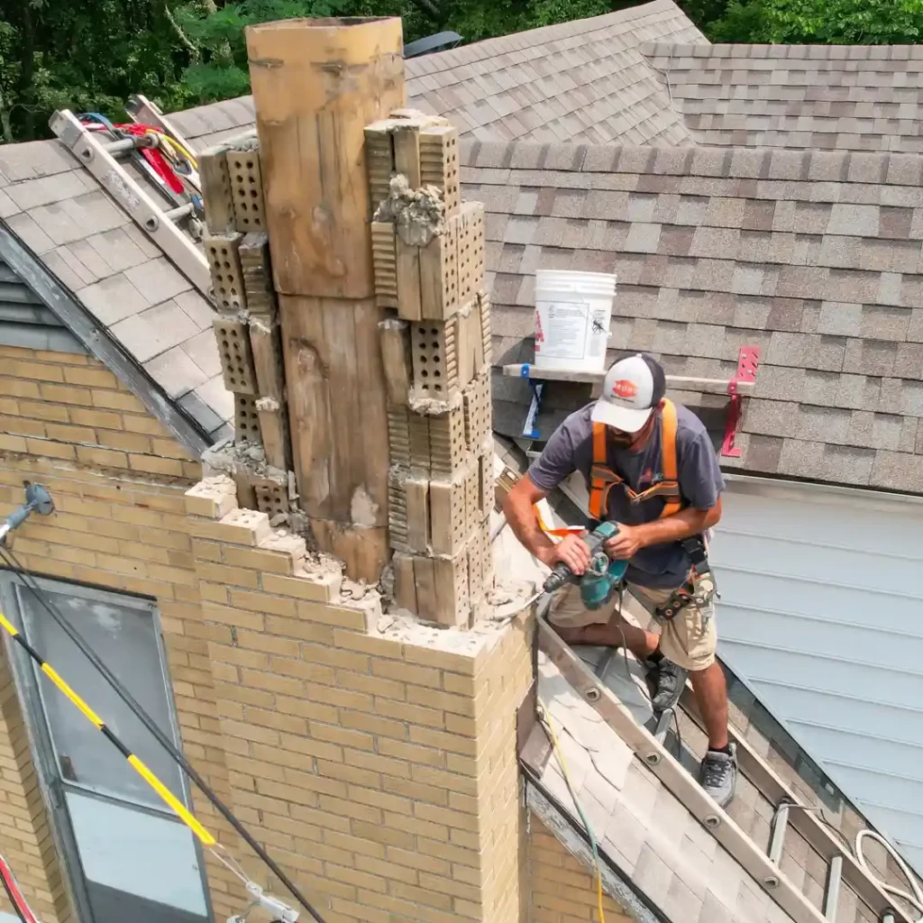 A worker repairing a chimney on the roof, using tools and scaffolding for safety.